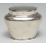 A George V silver bombe shaped tea caddy, hinged cover, ropetwist borders, 9.5cm wide, Birmingham