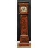 A George II Chinoiserie decorated red japanned longcase clock, square brass dial with silvered