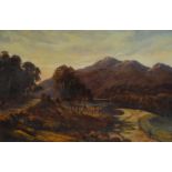 Attributed to Alfred de Breanski Snr Watering Cattle, The Highlands, Scotland label to verso, oil on