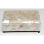 A Victorian mother-of-pearl marquetry rectangular table casket, hinged cover enclosing a velvet-