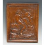 A Continental walnut panel, carved in relief in the Grand Tour manner with Eros and Aphrodite,