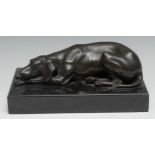 French School (19th century), a brown patinated bronze, of a recumbent dog, rectangular black marble