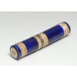 A 19th century enamel cylindrical bodkin case, outlined with gilt and 'jewelled' borders on a cobalt