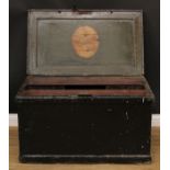 A 19th century carpenter's tool chest, hinged cover, the verso applied with oval coaching scene,