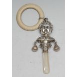 An Edward VIII novelty silver and mother-of-pearl baby's rattle, as a Janus child, two bells, 17cm