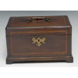 A George II mahogany rectangular tea caddy, hinged cover with brass swan neck handle, enclosing