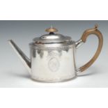 Hester Bateman - a George III Neoclassical silver oval teapot, crested and monogrammed within
