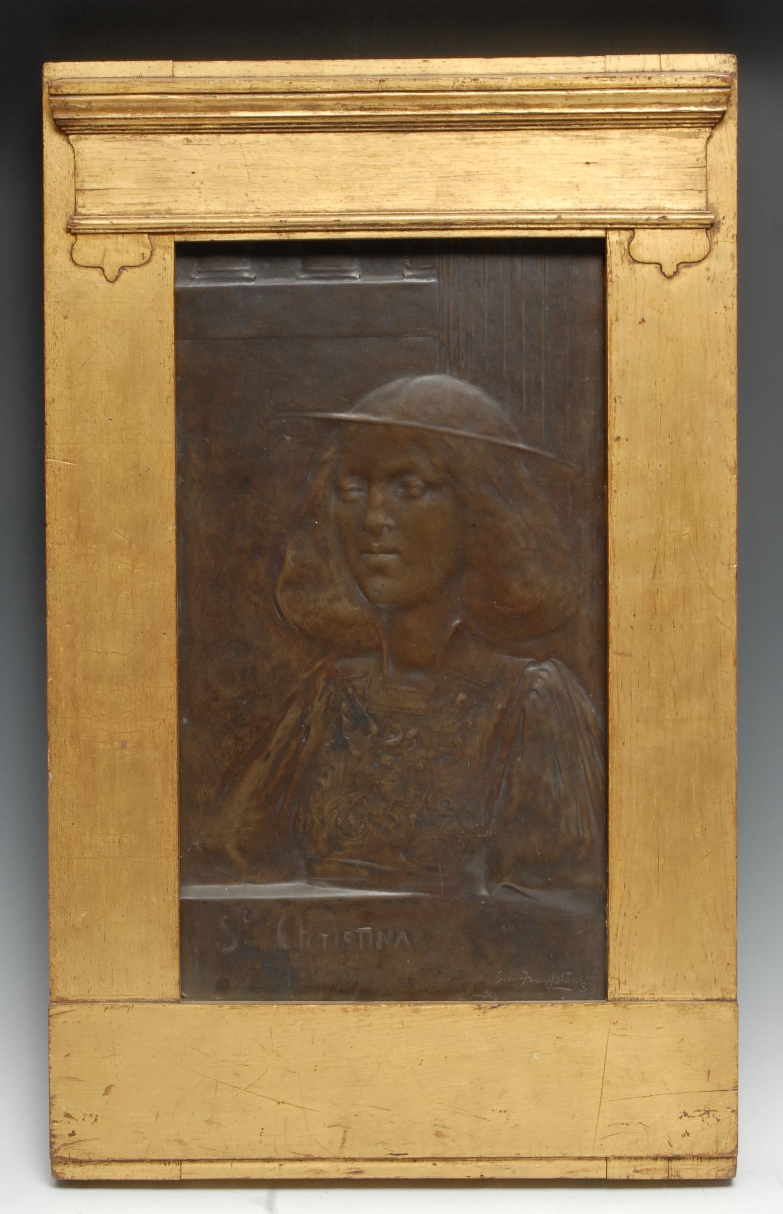 Sir George James Frampton (1860-1928), a brown patinated bronze plaque, St Christina, signed in