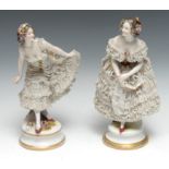A Dresden figure, Dancer, she curtsying, lace dress, 29cm high, early 20th century; another