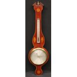 A post-Regency mahogany and marquetry wheel barometer, 20cm silvered dial inscribed G. Martinora,