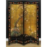 A Japanese four-fold screen, decorated with birds amongst blossoming prunus, 182.5cm high, each
