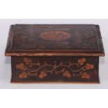 A 19th century Irish Killarney marquetry and arbutus box, hinged square top inlaid with a circular