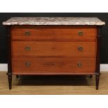 A 19th century mahogany commode or chest, hipped rectangular marble top above three long drawers,