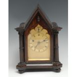 A William IV English Gothick rosewood mantel clock, 9cm gilt-brass engine-turned dial, with Roman
