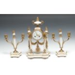 A Louis XVI-style gilt-metal mounted marble clock garniture, 9cm convex white enamel inscribed dial,