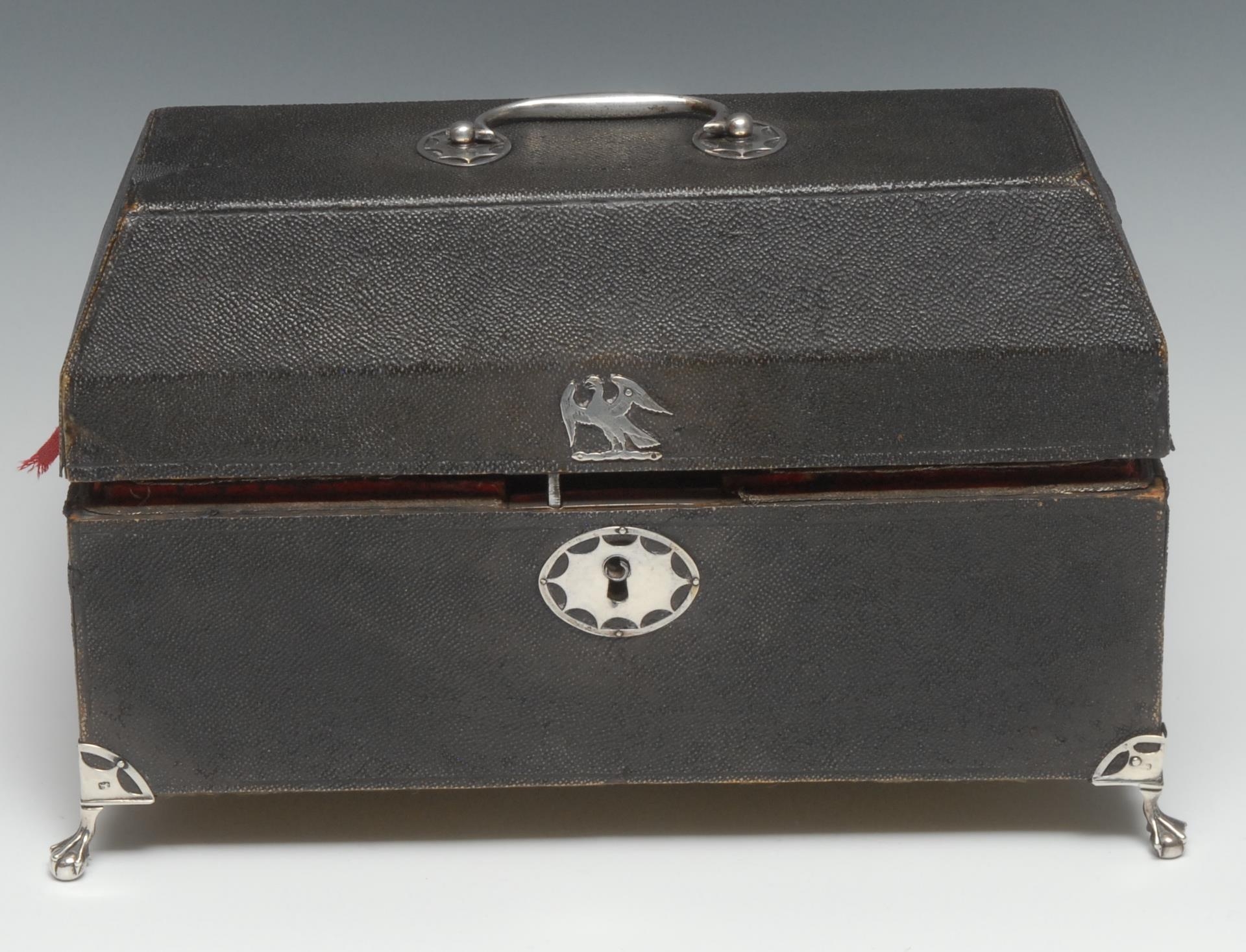 A set of three George II silver rectangular bombe shaped tea caddies, bird and fruit finials, - Image 2 of 2