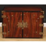 A 19th century colonial brass mounted ebony banded hardwood enclosed chest, possibly Batavian, the