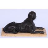 French School (19th century), a dark patinated bronze, of a sphinx, rectangular marble base, 26cm