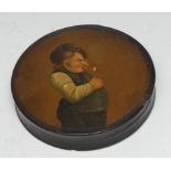 A 19th century papier mache circular table snuff box, the cover painted in polychrome with a