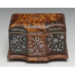 A Victorian tortoiseshell and mother-of-pearl inlaid serpentine tea caddy, inlaid with stylised