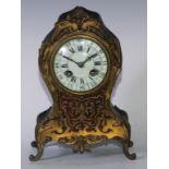 A 19th century gilt metal mounted boulle cartouche shaped mantel clock, 8.5cm convex enamel dial