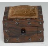 A Regency rosewood and cut steel seamstress's companion, the square top with pin cushion above a