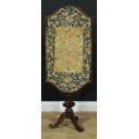 A 19th century Chinese hardwood pole screen, the silk work banner embroidered with butterflies and