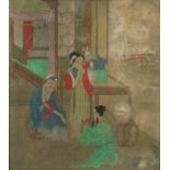 Chinese School, 17th/18th century, with three figures in a room, ink and polychome on cloth, 37cm