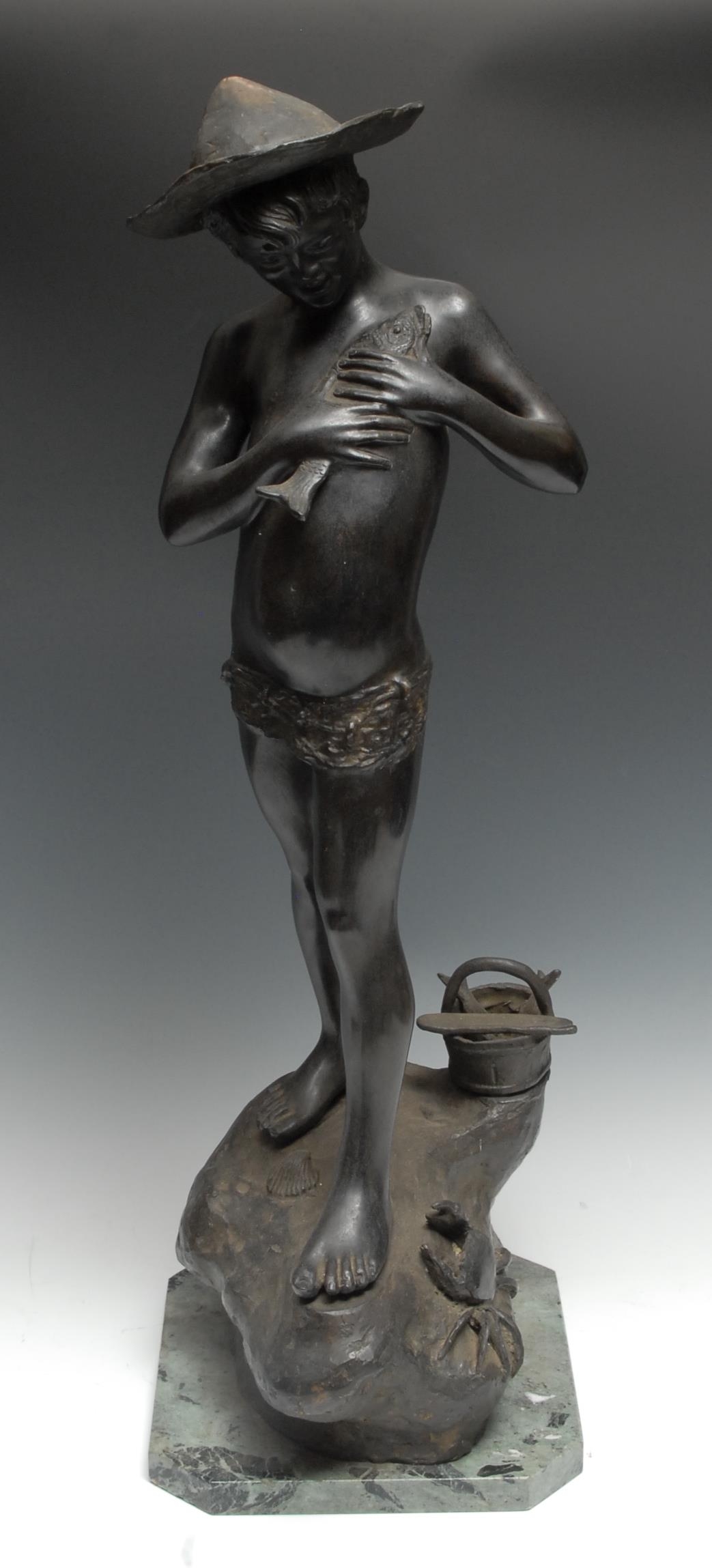 Italian School, a dark-patinated bronze, of a Neapolitan Fisher Boy, verde antico marble base,