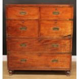 A 19th century brass mounted mahogany secretaire campaign chest, flush brass military handles,