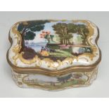 A 19th century enamel serpentine table snuff box, painted in polychrome with courting couples,