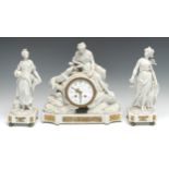 A Louis XVI ormolu-mounted Sèvres biscuit porcelain clock garniture, the 11cm diam white enamelled