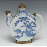 A Japanese porcelain moon-shaped libation pot, painted in underglaze blue with prunus and cherry