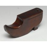 A 19th century mahogany novelty table snuff box, as a shoe, 14cm long