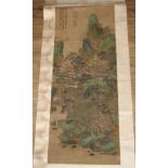 Chinese School, a scroll, ink and colour, painted with a monumental landscape with pagodas, 116cm