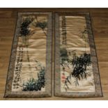 Two Chinese silk banners, embroidered with bamboo, and script, 115cm x 48cm, 20th century