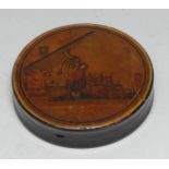 A 19th century French papier mache circular snuff box, the push-fitting cover transfer printed