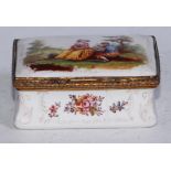 A George III South Staffordshire enamel table snuff box, hinged cover painted in polychrome with a