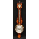 A George III mahogany and marquetry wheel barometer, 21cm silvered dial inscribed Nath: Dawson,