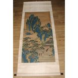 Chinese School, Jiao Dongshen, a scroll, ink and colour on silk, painted with a monumental landscape