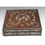 A Chinese hardwood square box, inlaid in abalone marquetry with figures and peonies, bracket feet,