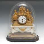 A 19th century French gilt metal and alabaster mantel timepiece, 7.5cm enamel clock dial inscribed