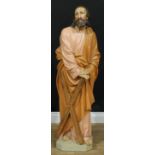An ecclesiastical floor-standing polychrome decorated plaster figure, Andrew the Apostle, standing