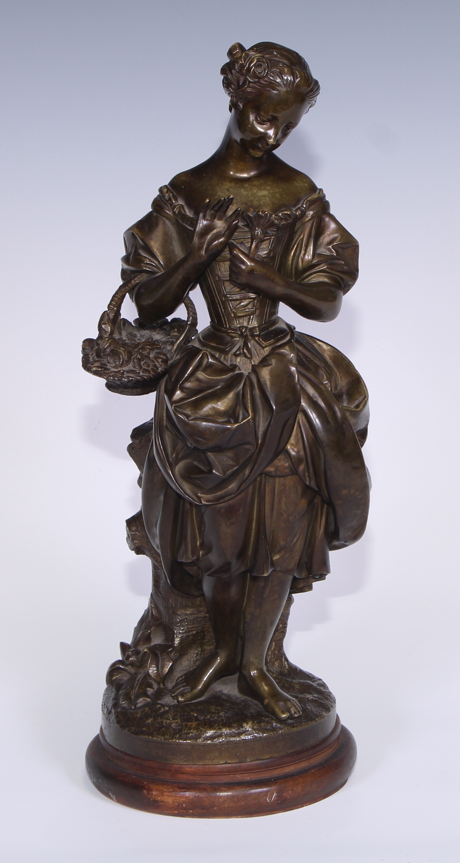 English School, 19th century, a brown patinated bronze, of a lady with flower basket, 34cm high