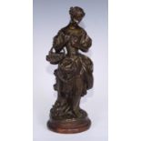 English School, 19th century, a brown patinated bronze, of a lady with flower basket, 34cm high