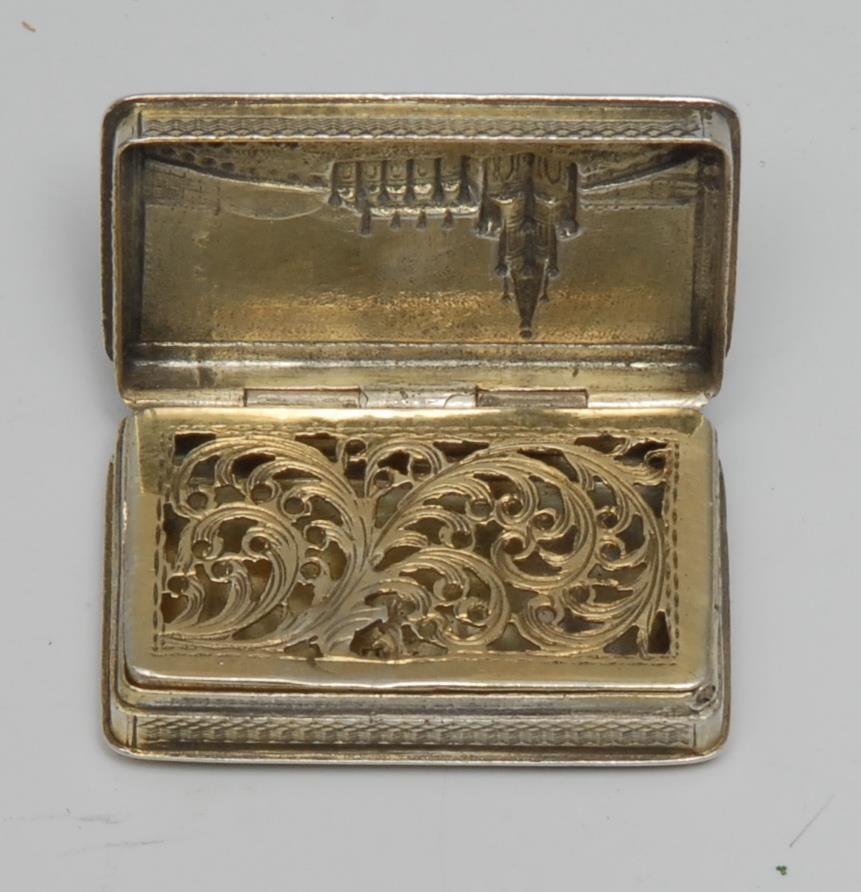 A rare George IV silver-gilt rounded rectangular castle top vinaigrette, the hinged cover embossed - Image 3 of 3