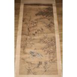 Chinese School, Wen Gu, a scroll, ink and colour, painted with a landscape, pagodas and horse rider,