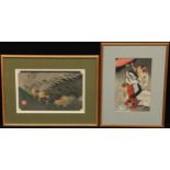 Hiroshige Wood Block print, Travelllers Surprised by Sudden Rain, signed; another Hokusai