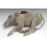 Modern School, a ceramic sculpture, of a juvenile warthog, hair mane, 41cm long