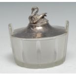 A late Victorian/Edwardian E.P.N.S mounted butter dish, the domed cover with cast swan finial, the